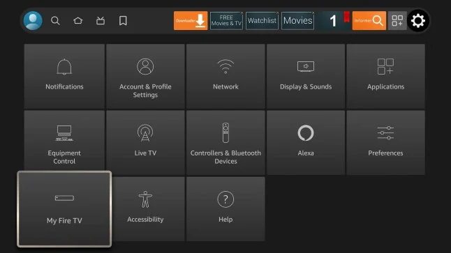 Fire TV Settings menu with My Fire TV option selected