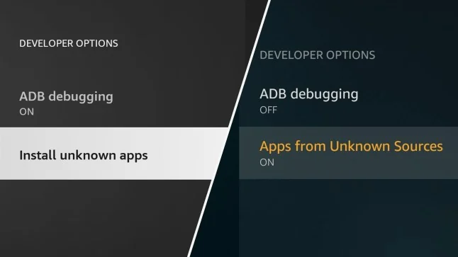 Fire TV Developer Options menu