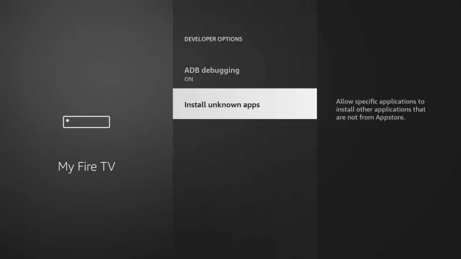 Fire TV Install unknown apps menu in Developer Options