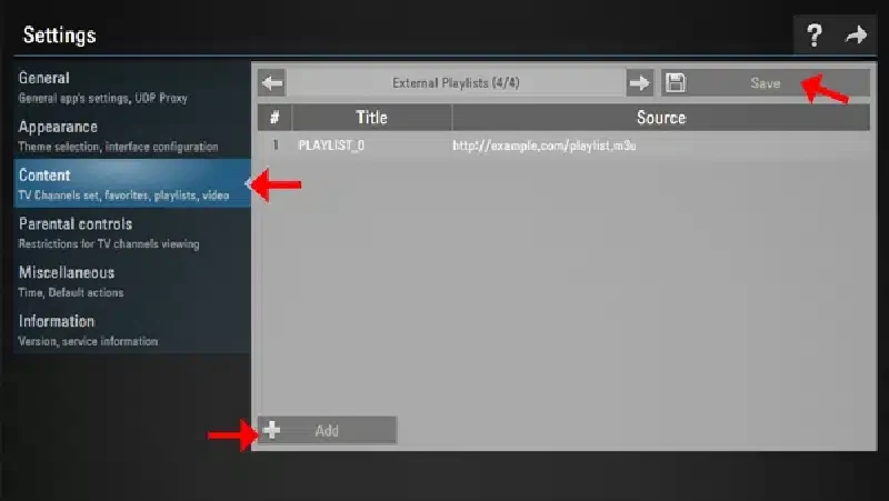 IPTV Stream Settings — Content, External Playlists, paste M3U URL and Save
